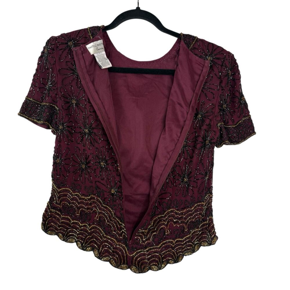 VTG‎ Papell Boutique Burgundy Silk Beaded Blouse Floral Formal Evening Top Sz S - Picture 5 of 9